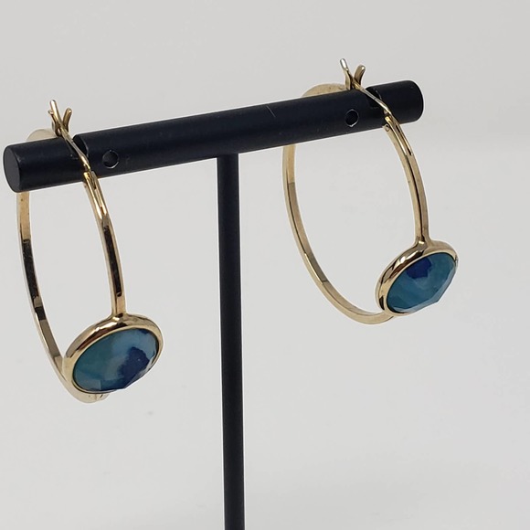 Gold Tone Faceted Blue Stone Hoop Earrings Jewelry - Picture 1 of 5